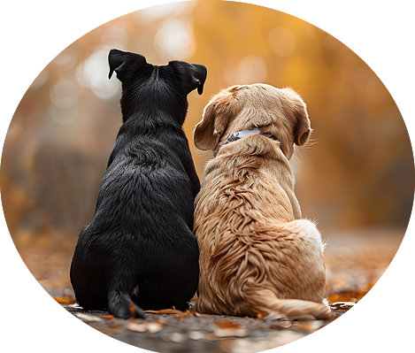 Zwei Hunde sitzen nebeneinander im Park und schauen in die Ferne